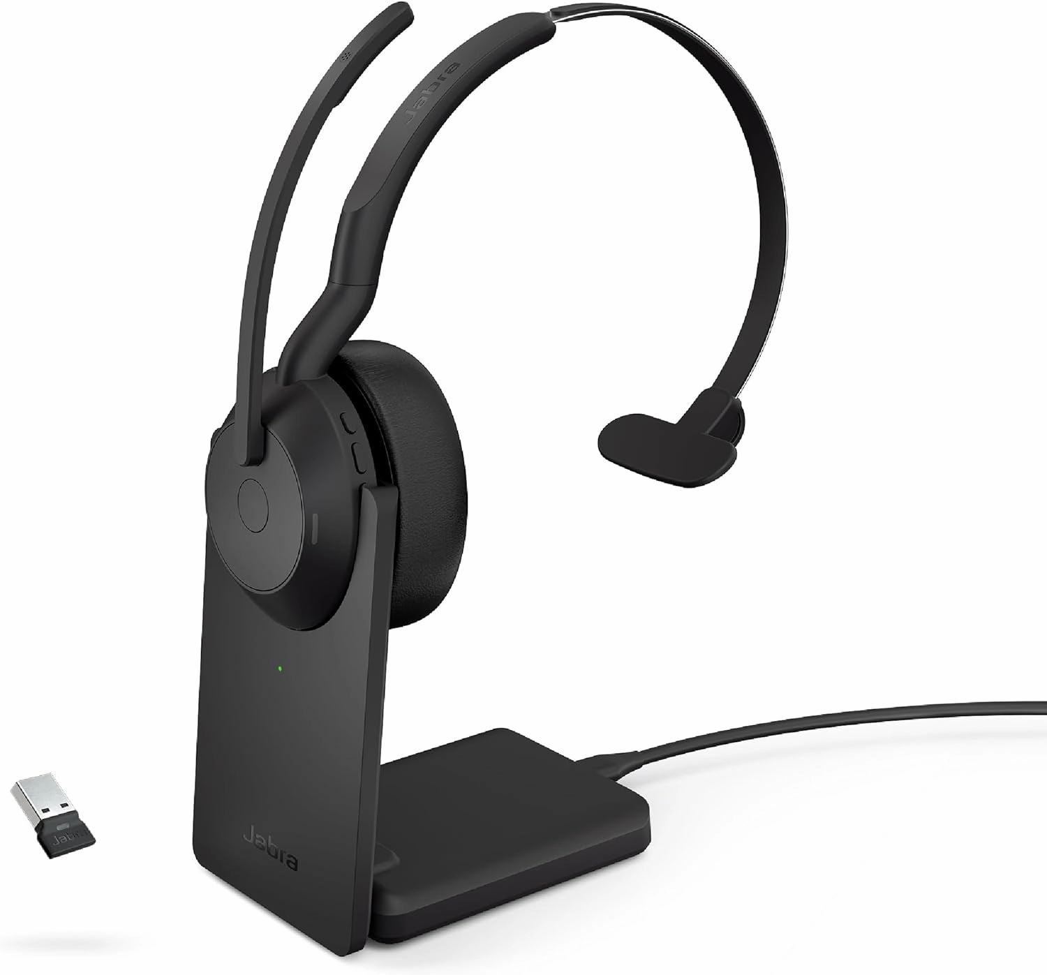 Jabra Evolve2 55 Mono Wireless Headset with Charging Stand AirComfort Technology, Noise-Cancelling Mics & Active Noise Cancellation - Works with UC Platforms Such as Zoom & Google Meet - Black