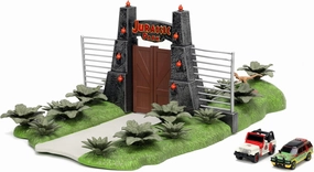 Jada Toys Jurassic World Nano Scene (17 x 18 cm) - Game Backdrop with Jurassic Park Gate, 2 Metal Cars (Jeep Wrangler and Ford Explorer) & Dinosaur Decoration, for Fans and Children from 6 Years