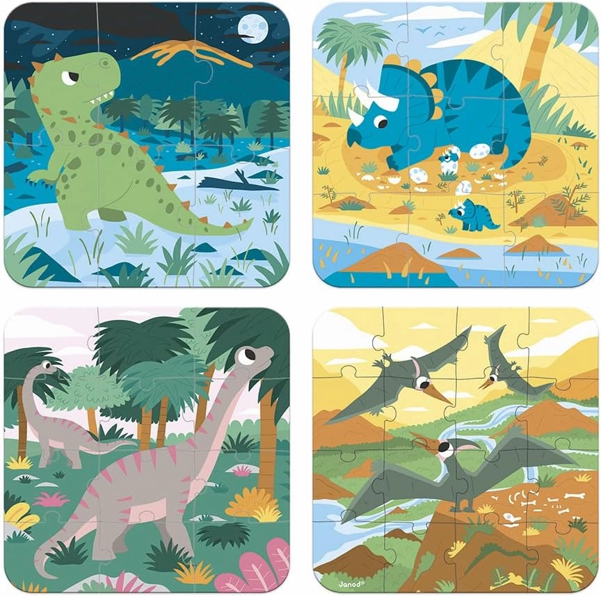 Janod 4 Progressive Dinosaur Jigsaw Puzzles 6, 9, 12 & 16 Piece - Ages 3 Years  - J02657