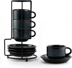 JIEMEI HOME Porcelain Stackable Espresso Cups with Saucers and Metal Stand, 4 Ounce Demitasse Cups for Specialty Coffee Drinks, Latte, Tea Set of 4, Stackable Espresso Mugs, Green & Blue