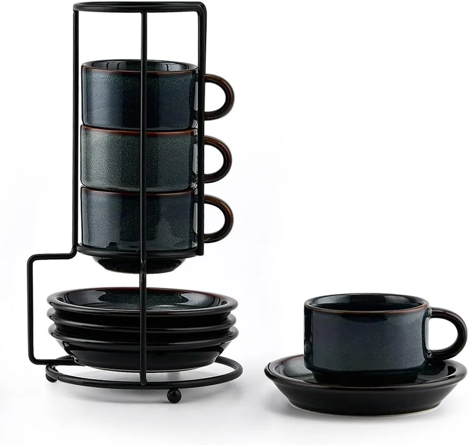 JIEMEI HOME Porcelain Stackable Espresso Cups with Saucers and Metal Stand, 4 Ounce Demitasse Cups for Specialty Coffee Drinks, Latte, Tea Set of 4, Stackable Espresso Mugs, Green & Blue
