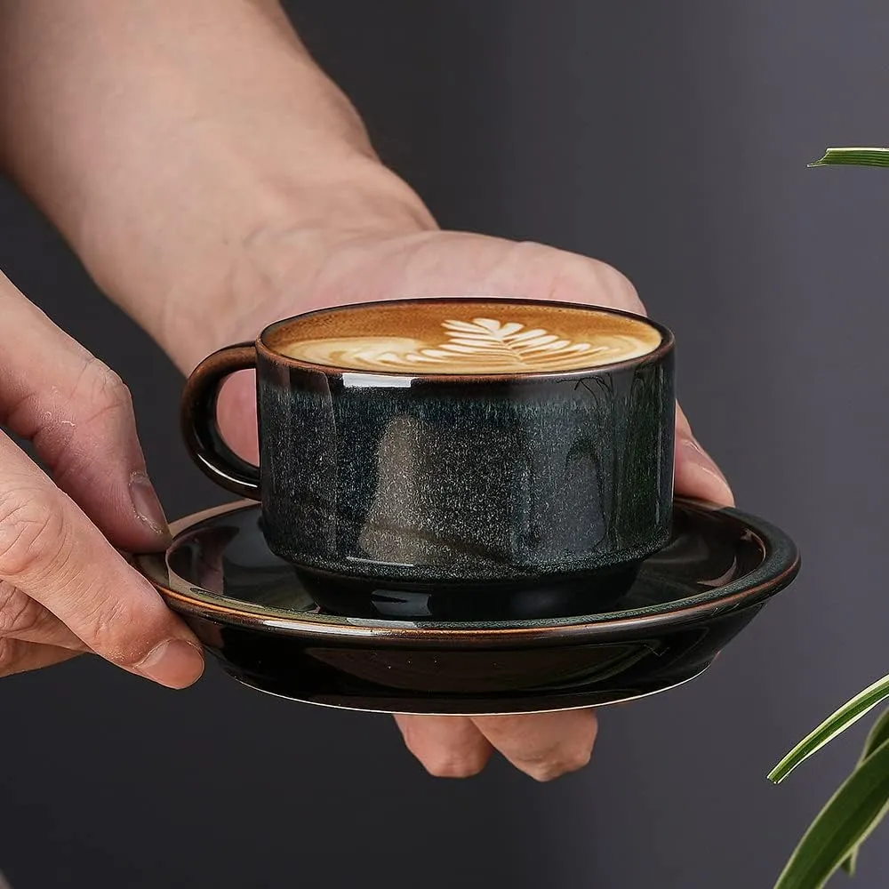 JIEMEI HOME Porcelain Stackable Espresso Cups with Saucers and Metal Stand, 4 Ounce Demitasse Cups for Specialty Coffee Drinks, Latte, Tea Set of 4, Stackable Espresso Mugs, Green & Blue