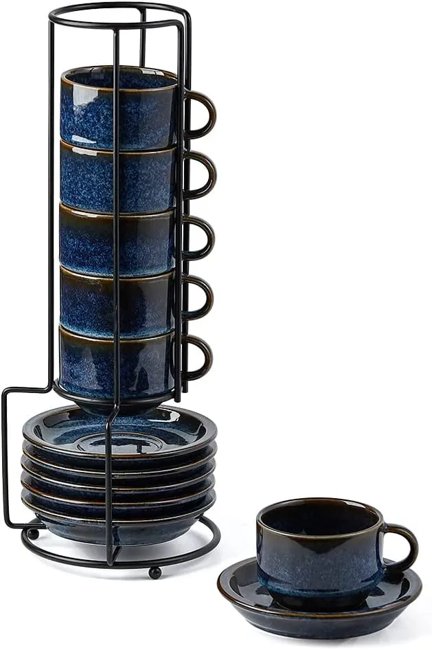 JIEMEI HOME Porcelain Stackable Espresso Cups with Saucers and Metal Stand,4 Ounce Demitasse Cups for Coffee Drinks, Latte, Tea - Set of 6, Stackable Espresso Mugs, Reactive Glaze, Bule