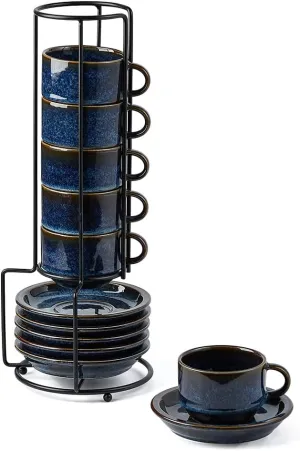JIEMEI HOME Porcelain Stackable Espresso Cups with Saucers and Metal Stand,4 Ounce Demitasse Cups for Coffee Drinks, Latte, Tea - Set of 6, Stackable Espresso Mugs, Reactive Glaze, Bule
