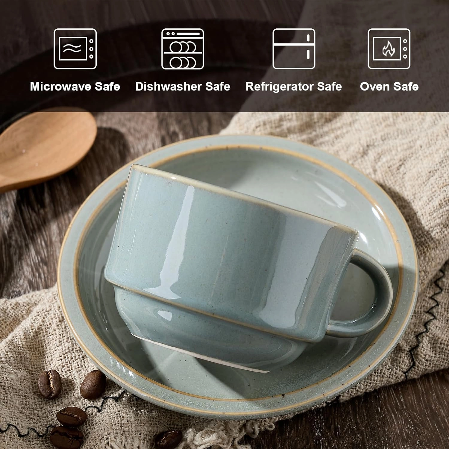 JIEMEI HOME Porcelain Stackable Espresso Cups with Saucers and Metal Stand, 4 Ounce Demitasse Cups for Latte, Cafe Mocha Tea-Set of 6 Espresso Mugs, Reactive Glaze, Green