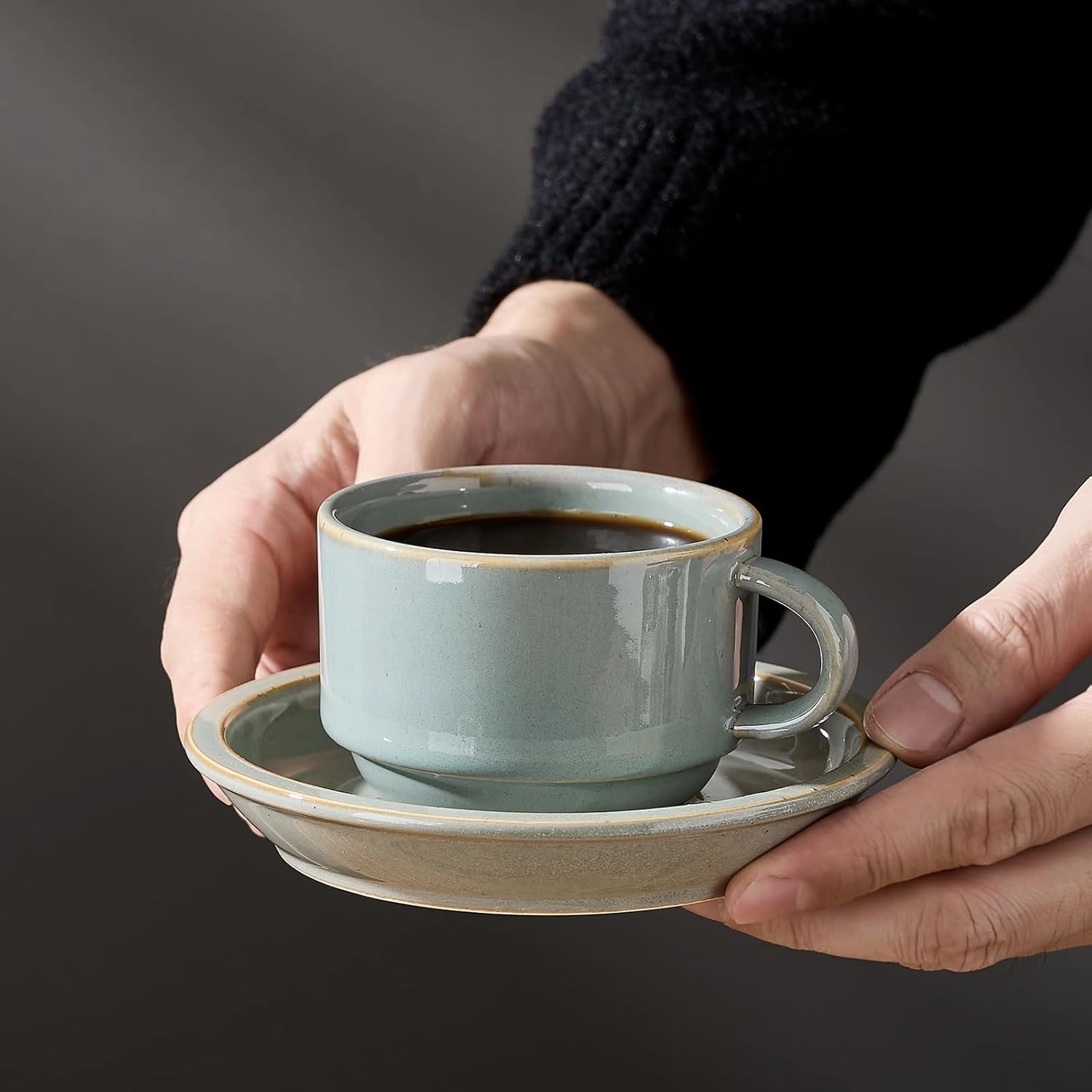 JIEMEI HOME Porcelain Stackable Espresso Cups with Saucers and Metal Stand, 4 Ounce Demitasse Cups for Latte, Cafe Mocha Tea-Set of 6 Espresso Mugs, Reactive Glaze, Green