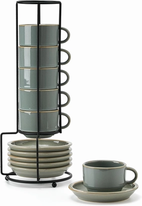 JIEMEI HOME Porcelain Stackable Espresso Cups with Saucers and Metal Stand, 4 Ounce Demitasse Cups for Latte, Cafe Mocha Tea-Set of 6 Espresso Mugs, Reactive Glaze, Green