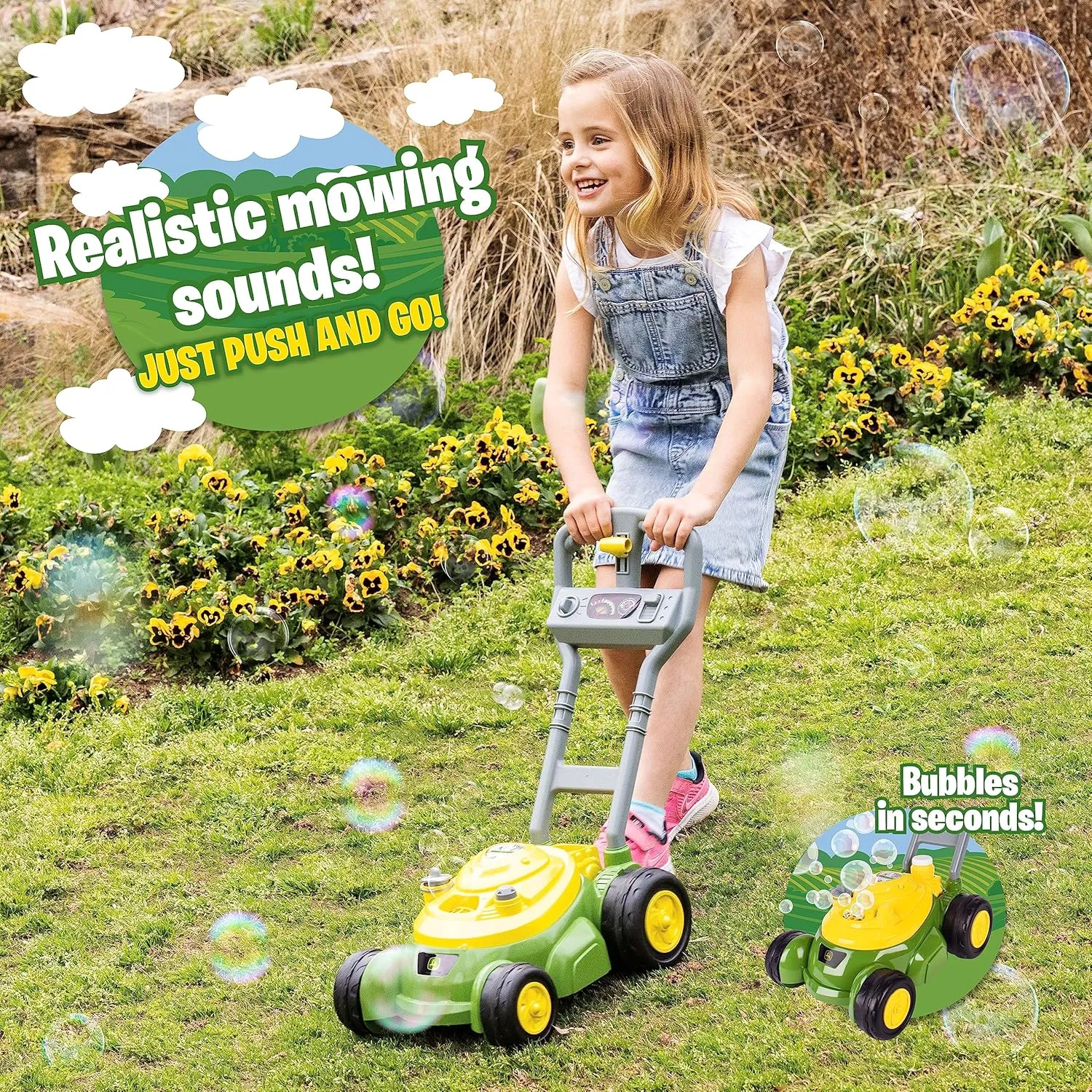 John Deere Bubble Lawn Mower for Toddlers, Bubble Blowing Machines, Indoor and Outdoor Gardening Toy, Birthday, Party Favor for Preschool Girls and Boys, No Batteries Required, 2 