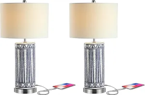 JONATHAN Y JYL6615A-SET2 Set of 2 Table Lamps Sulka 27" Ceramic/Iron Contemporary USB Charging LED Table Lamp Bedside Desk Nightstand Lamp for Bedroom Living Room Office College Bookcase, Navy