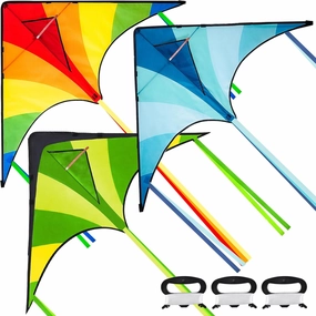 JOYIN 3 Packs Large Delta Kite Green, Blue and Rainbow, Easy to Fly for Kids with 262.5 ft String, Large Delta Beach Kite for Outdoor Games and Activities