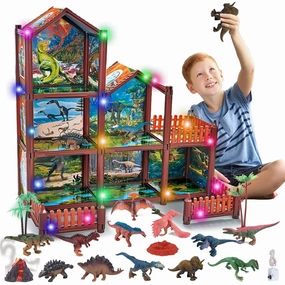 JoyStone Dinosaur 6 Rooms House for Boys with 12 Dinosaurs, DIY Dinosaur Figure Mountain Playset Pretend Play House Accessories for Kids Ages 6-12, Christmas and Birthday Gift