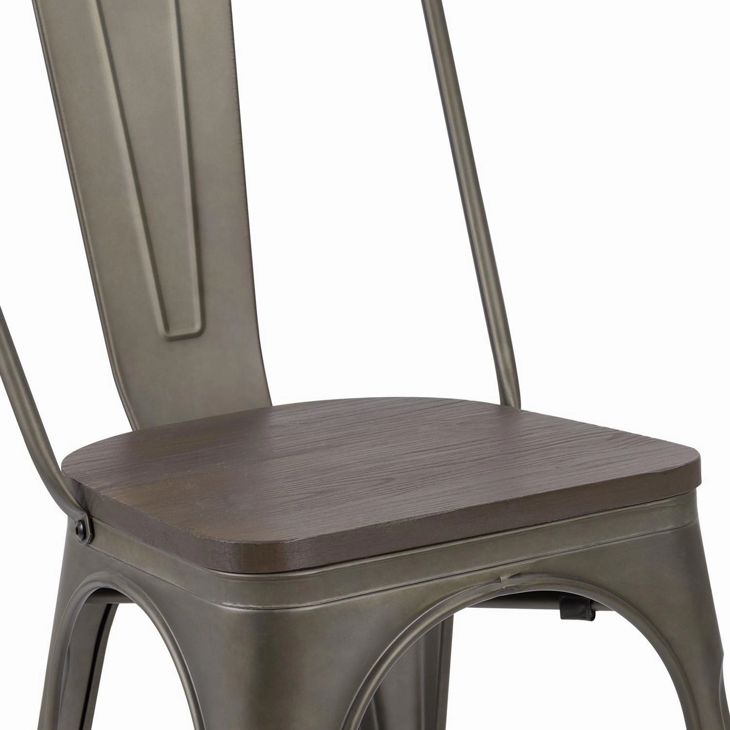 JUMMICO Metal Dining Chair Stackable Industrial Vintage Kitchen Chairs Indoor-Outdoor Bistro Cafe Side Chairs with Back and Wooden Seat Set of 4 (Gun)