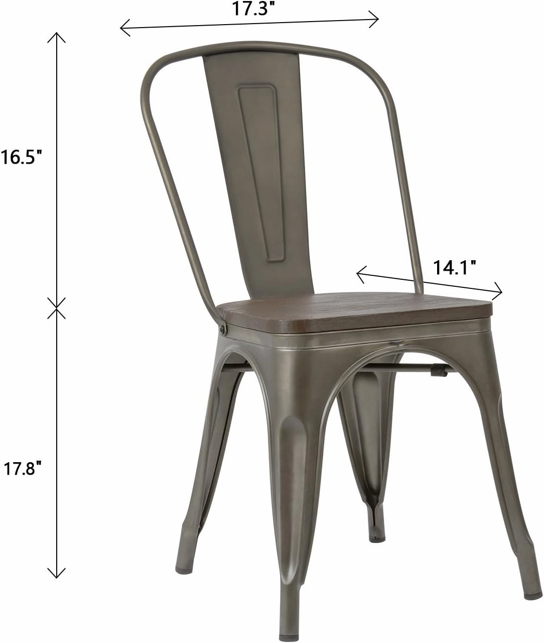 JUMMICO Metal Dining Chair Stackable Industrial Vintage Kitchen Chairs Indoor-Outdoor Bistro Cafe Side Chairs with Back and Wooden Seat Set of 4 (Gun)