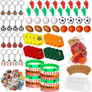Junkin 162 Pcs Sport Party Favors Set, Sport Gift Bag Fillers Balls Wristband Keychains Sticker Bracelet Whistle Cards for Basketball Soccer Baseball Football Kids Party Gift (Chic)