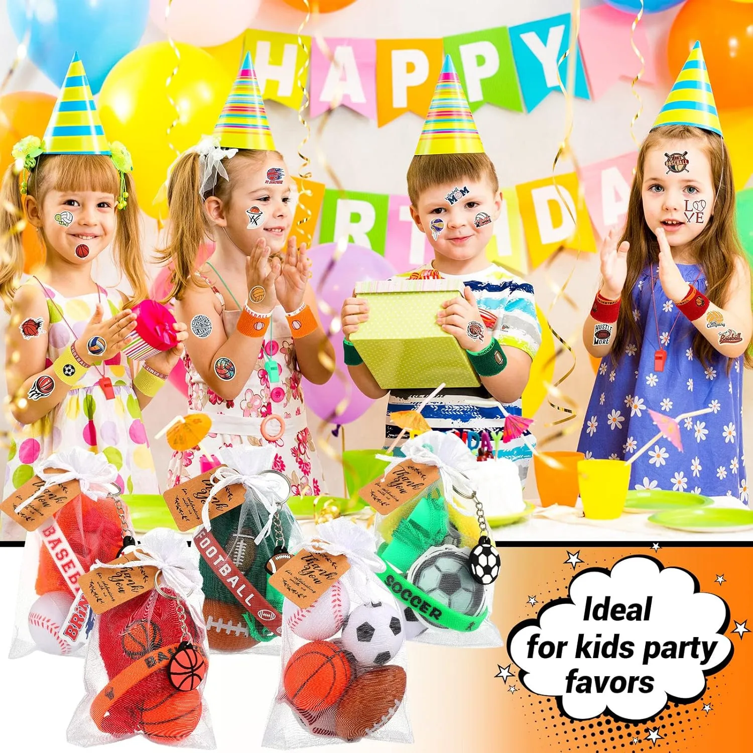 Junkin 162 Pcs Sport Party Favors Set, Sport Gift Bag Fillers Balls Wristband Keychains Sticker Bracelet Whistle Cards for Basketball Soccer Baseball Football Kids Party Gift (Chic)