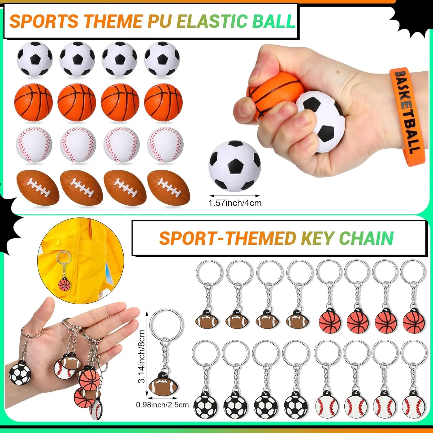 Junkin 162 Pcs Sport Party Favors Set, Sport Gift Bag Fillers Balls Wristband Keychains Sticker Bracelet Whistle Cards for Basketball Soccer Baseball Football Kids Party Gift (Chic)