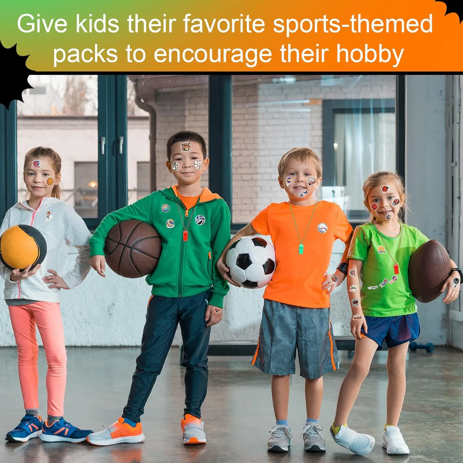 Junkin 162 Pcs Sport Party Favors Set, Sport Gift Bag Fillers Balls Wristband Keychains Sticker Bracelet Whistle Cards for Basketball Soccer Baseball Football Kids Party Gift (Chic)