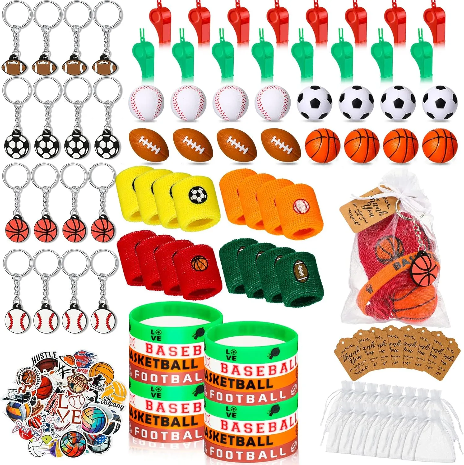 Junkin 162 Pcs Sport Party Favors Set, Sport Gift Bag Fillers Balls Wristband Keychains Sticker Bracelet Whistle Cards for Basketball Soccer Baseball Football Kids Party Gift (Chic)