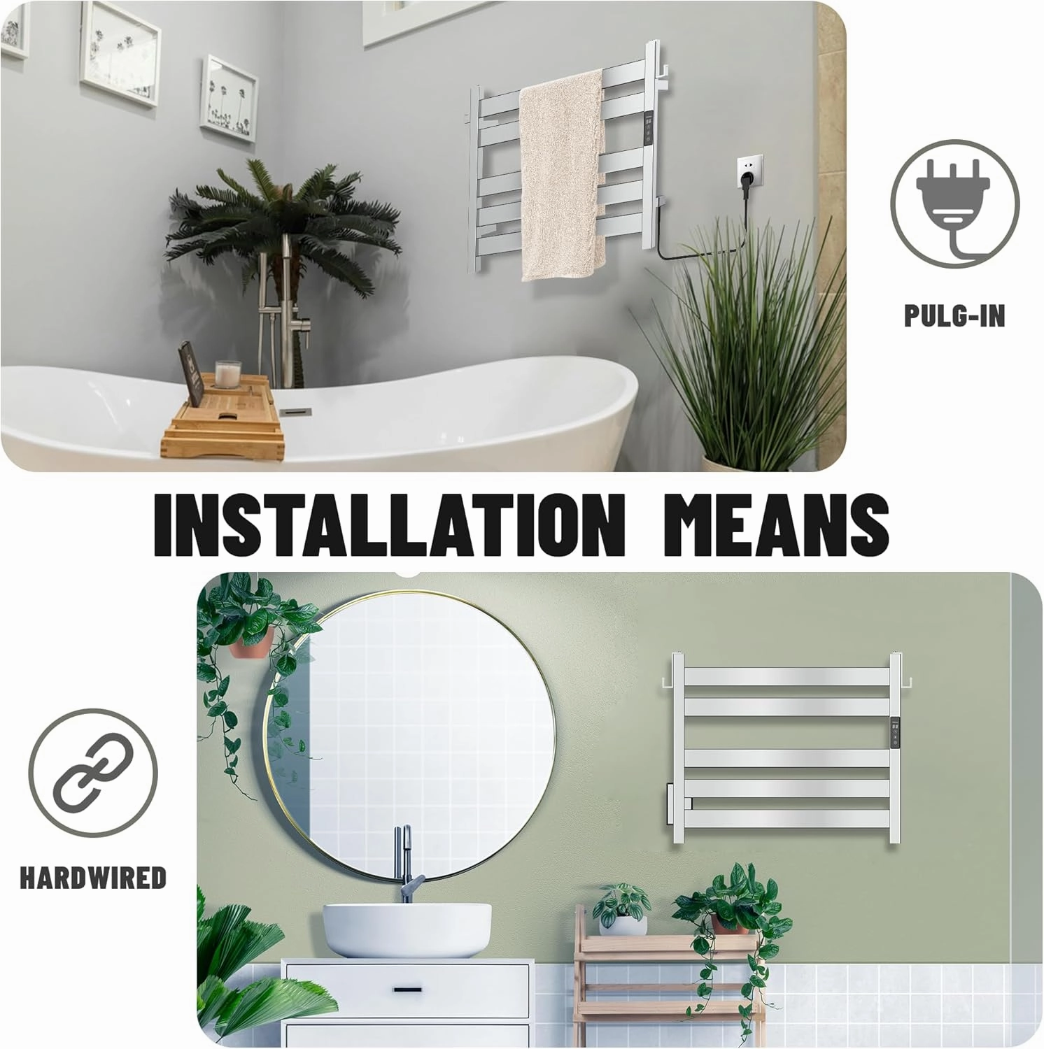 K&KALONZO Towel Warmer for Bathroom, Wall-Mounted 5-Bar Heated Towel Rack with Built-in Timer, Waterproof Electric Towel Heater, Support Plug-in and Hardwired, Polished, EL18S