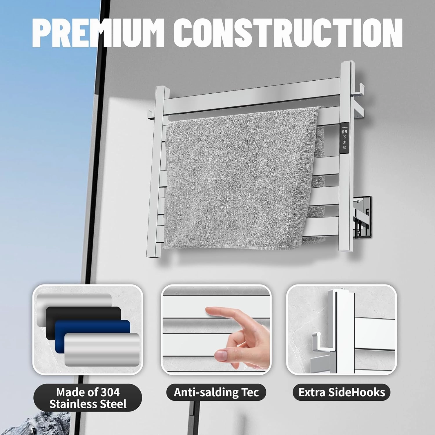 K&KALONZO Towel Warmer for Bathroom, Wall-Mounted 5-Bar Heated Towel Rack with Built-in Timer, Waterproof Electric Towel Heater, Support Plug-in and Hardwired, Polished, EL18S