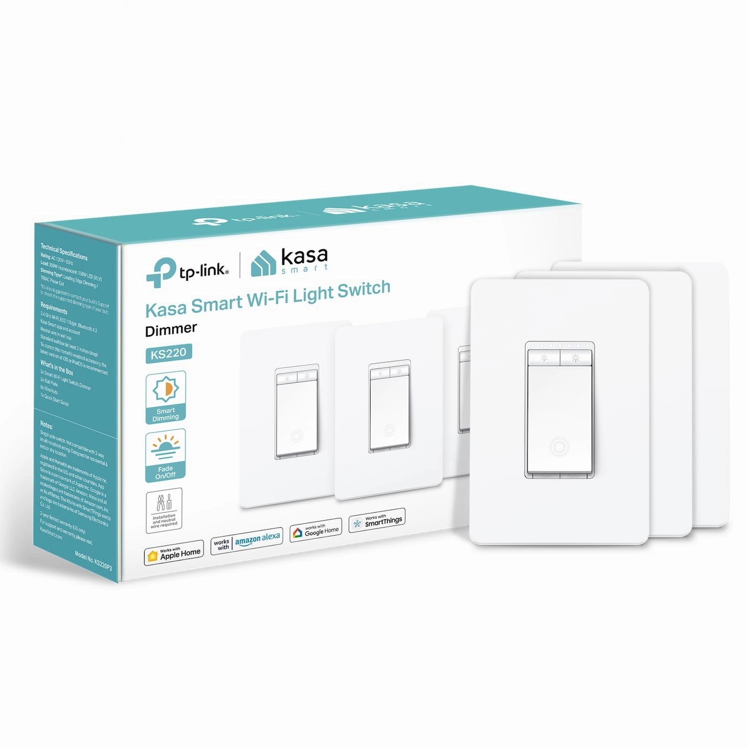 Kasa Apple HomeKit Smart Dimmer Switch KS220P3, Single Pole, Neutral Wire Required,2.4GHz Wi-Fi Light Works with Siri, Alexa and Google Home,UL Certified, No Hub Required,White, 3 Count (Pack of 1)