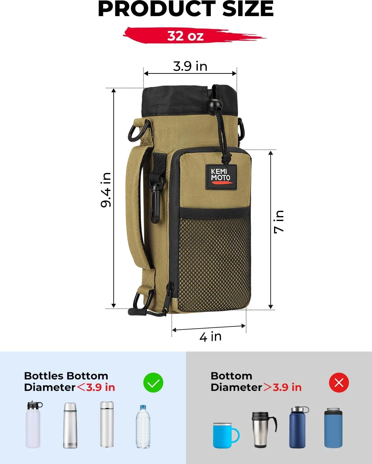 KEMIMOTO Water Bottle Holder Bag, Water Bottle Carrier with Adjustable Shoulder Strap, Water Bottle Pouch Holder for Hiking, Camping, Fishing, Compatible with YETI Stanley SLM 32 oz, 40 oz, 64 oz