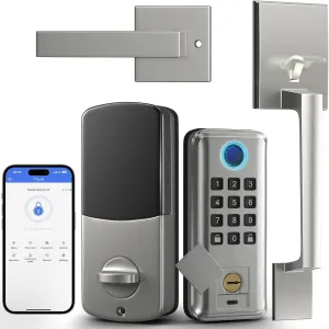 Keyless Entry Door Lock, SEVEKO Smart Locks for Front Door with Handle, Fingerprint Front Door Lock Set with App Control, Keypad Deadbolt Door Locks, Smart Lock Compatible with Alexa, Satin Nickel