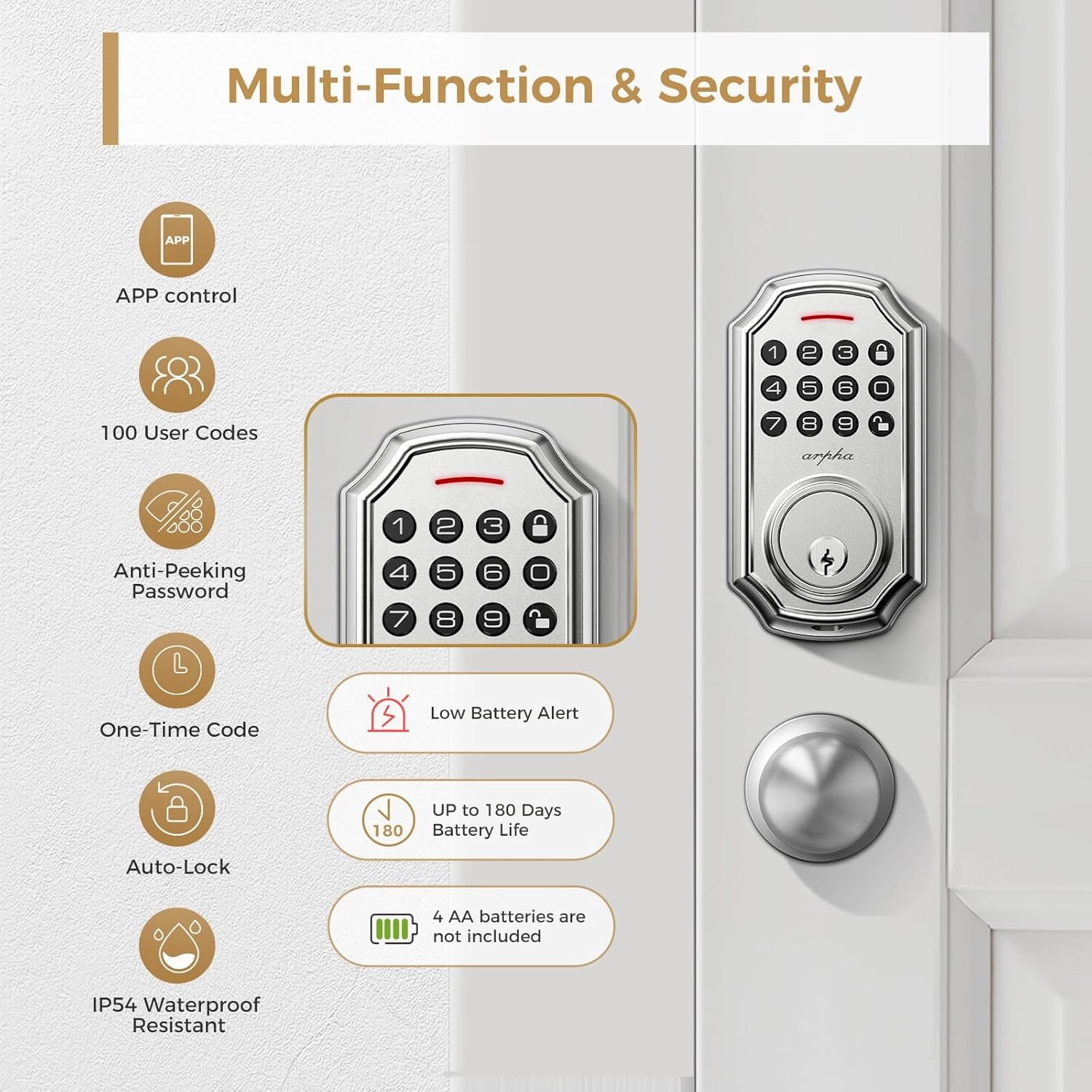 Keyless Entry Door Lock with 2 Knobs – Smart Deadbolt, App Control, 100-Code Keypad, One-Time Passcode, Auto Lock & Anti-Peep, Easy Installation for Front Door (Satin Nickel)