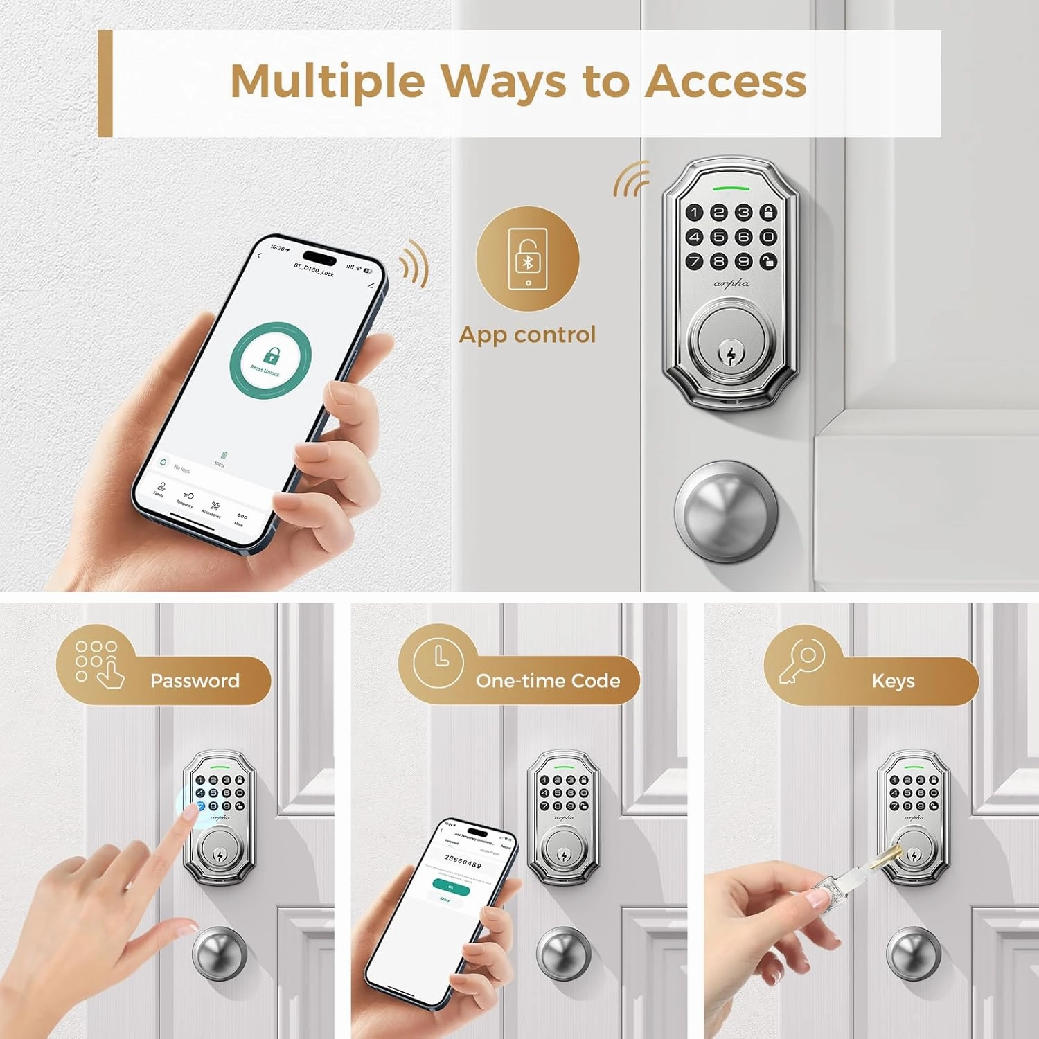 Keyless Entry Door Lock with 2 Knobs – Smart Deadbolt, App Control, 100-Code Keypad, One-Time Passcode, Auto Lock & Anti-Peep, Easy Installation for Front Door (Satin Nickel)