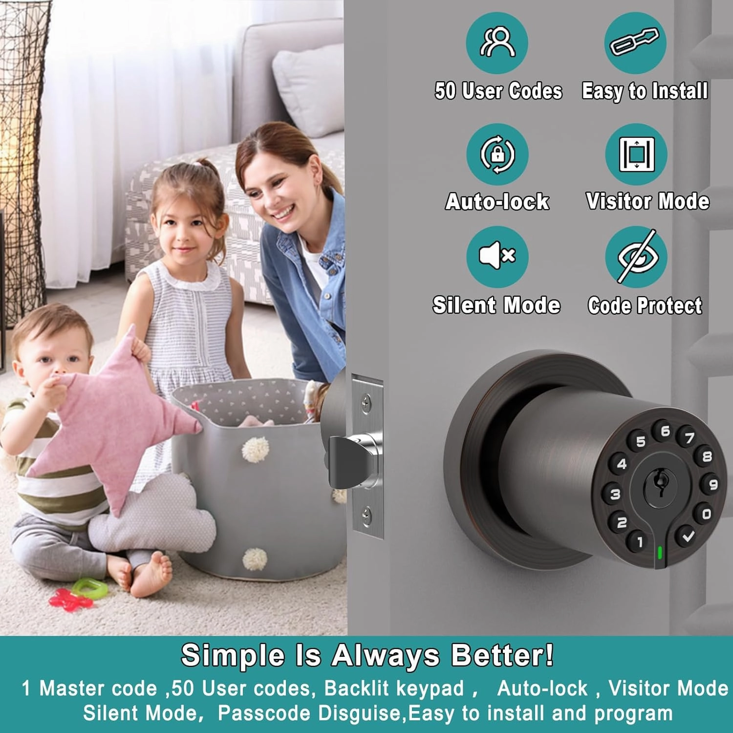 Keypad Door Knob with Key, Keyless Code Entry Lock, Auto Lock, 50 User Code, Easy to Install, for Home,Office, Hotel, Bedroom, Garage, Not Deadbolt(Oil Rubbed Bronze)