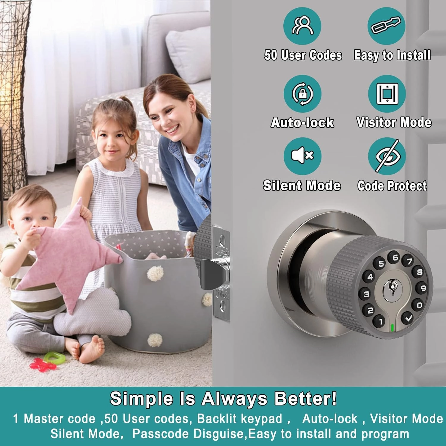 Keypad Door Knob with Key,Keyless Entry Door Lock, Code Locks Door Knob, Auto Lock,50 User Code,Easy to Install,for Home,Office,Bedroom,Garage,No Deadbolt