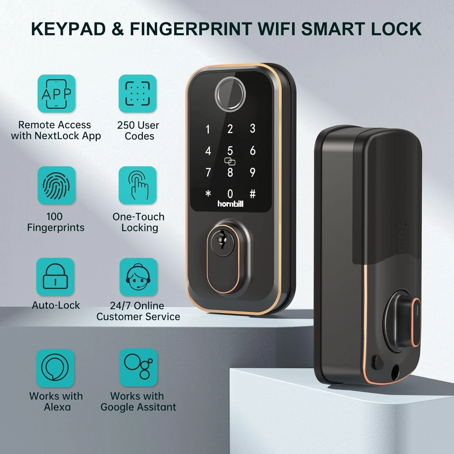 Keypad Wi-Fi Door Locks Smart: Biometric Deadbolt for Front Door, Hornbill Keyless Entry Door Lock Works with Alexa, Keyless Entry Unlock, Auto-Lock/Voice Control for New House, Oil Rubbed Bronze