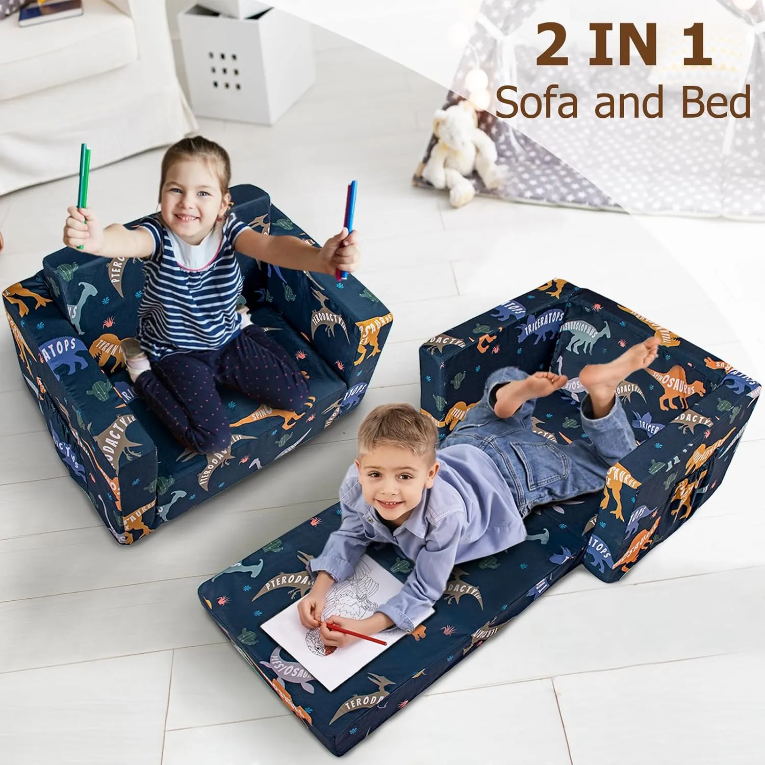 Kids Couch, 2-in-1 Kids Fold Out Couch, Convertible Kids Sofa to Lounger for Girls and Boys, Soft Toddler Chairs Comfy 1-3 Years Old (Dinosaur)