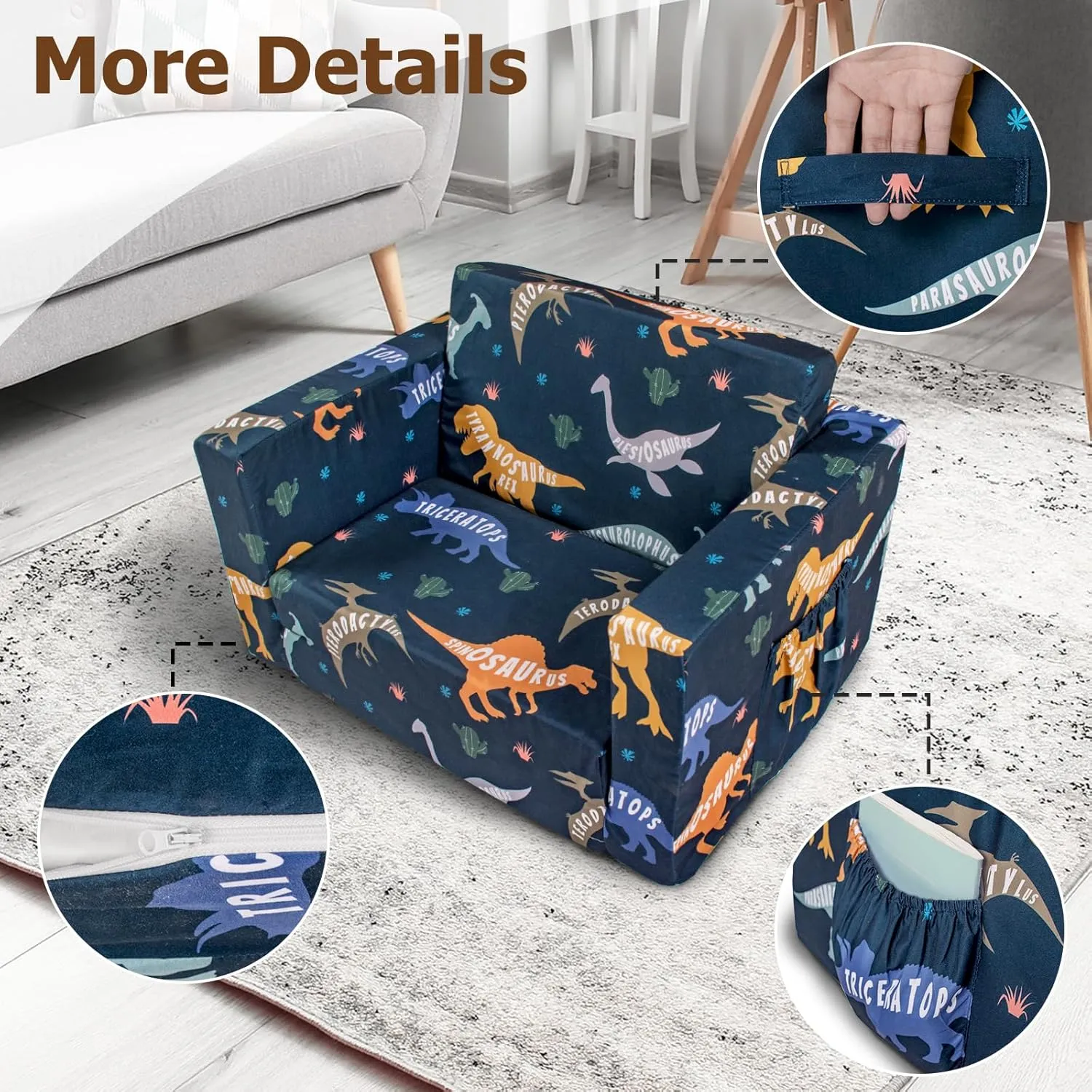 Kids Couch, 2-in-1 Kids Fold Out Couch, Convertible Kids Sofa to Lounger for Girls and Boys, Soft Toddler Chairs Comfy 1-3 Years Old (Dinosaur)