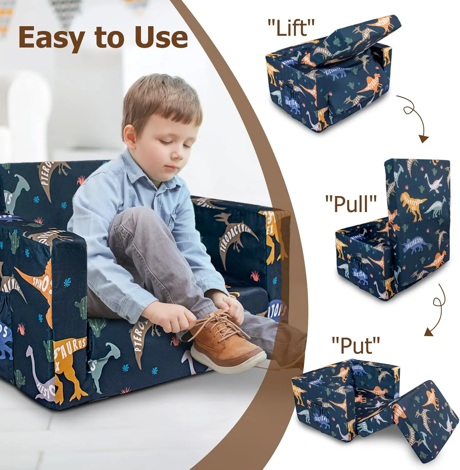 Kids Couch, 2-in-1 Kids Fold Out Couch, Convertible Kids Sofa to Lounger for Girls and Boys, Soft Toddler Chairs Comfy 1-3 Years Old (Dinosaur)
