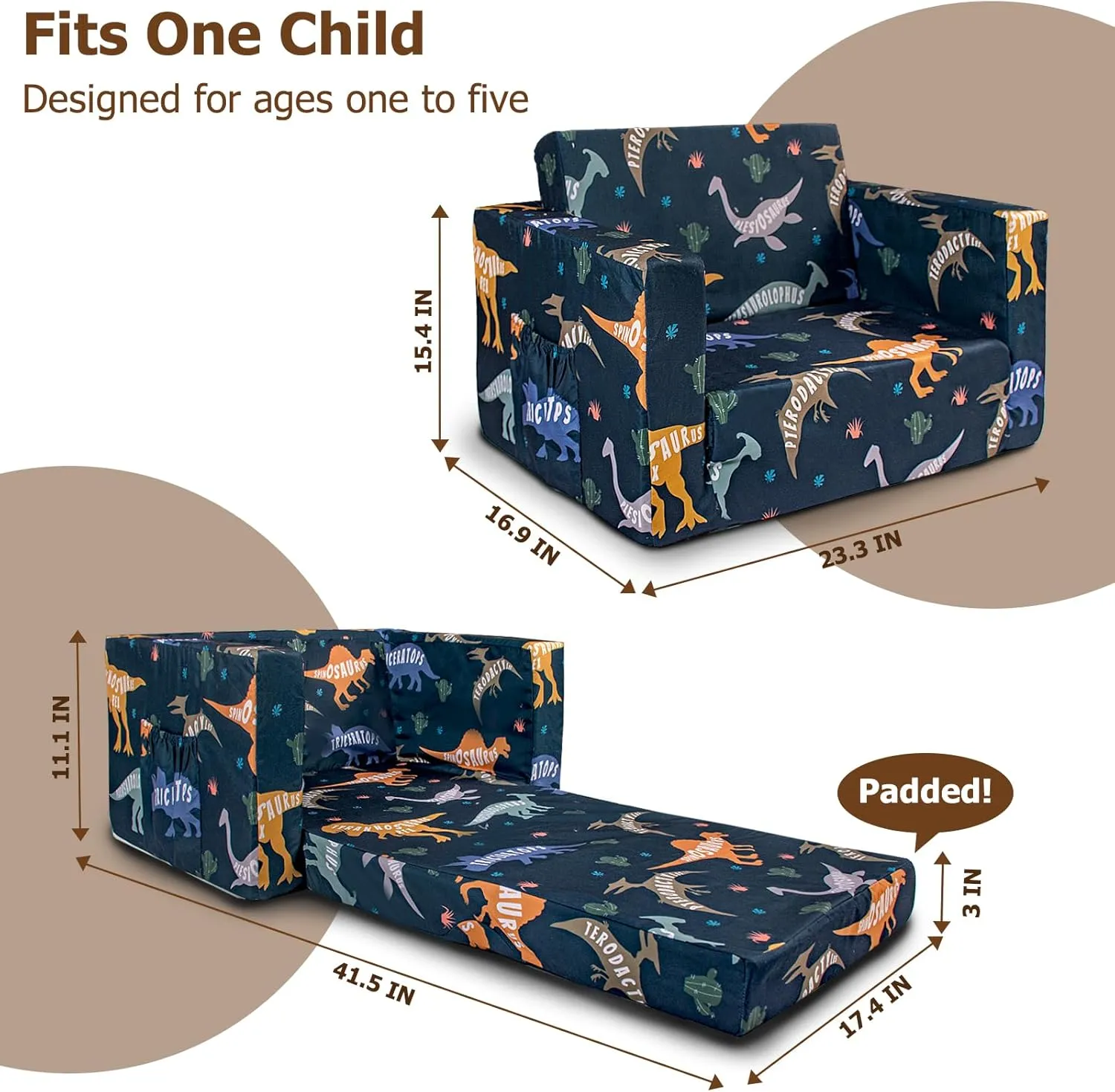 Kids Couch, 2-in-1 Kids Fold Out Couch, Convertible Kids Sofa to Lounger for Girls and Boys, Soft Toddler Chairs Comfy 1-3 Years Old (Dinosaur)