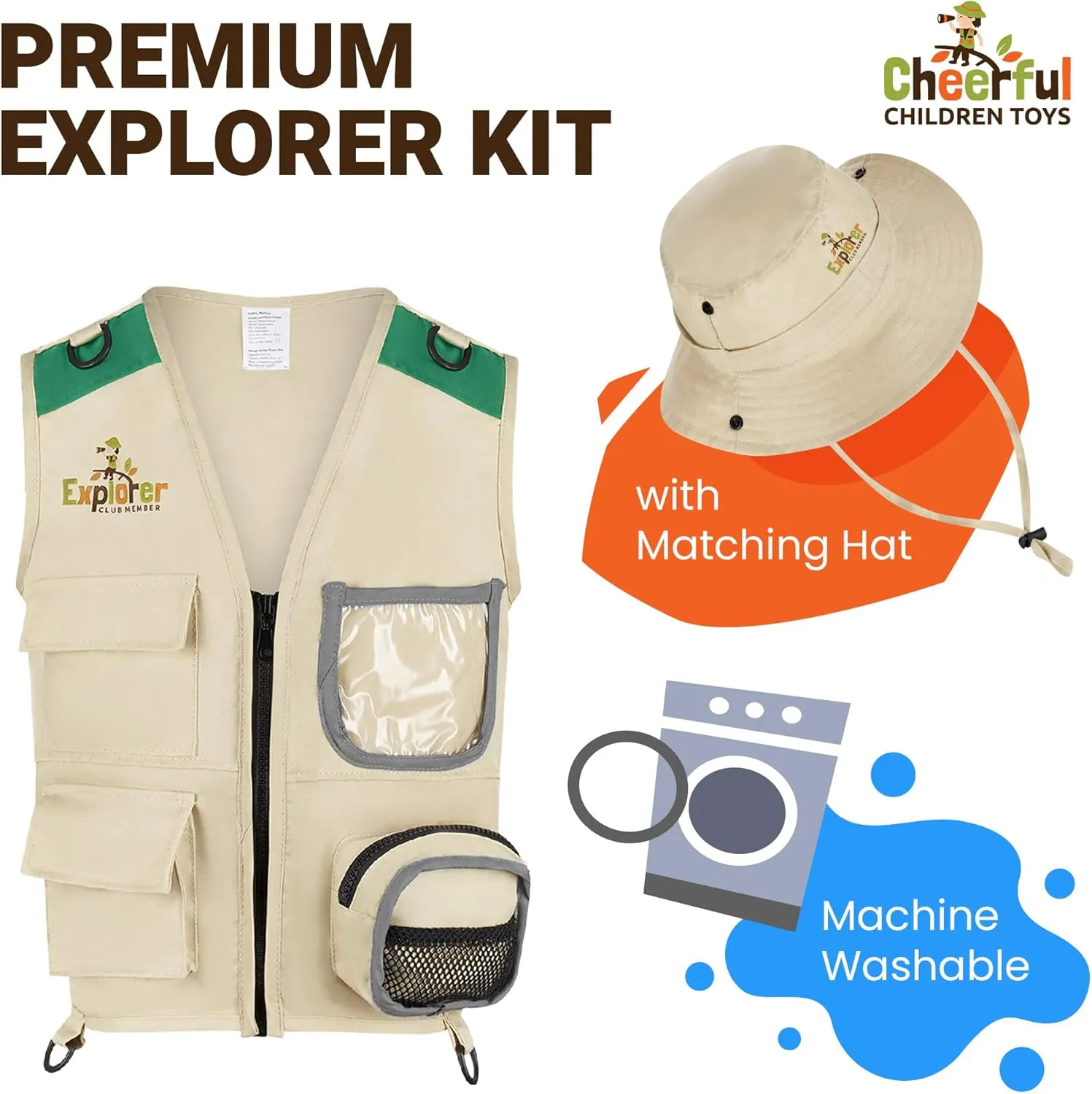 Kids Explorer Costume including Safari Vest and Hat - Boys & girls aged between 4-6 - Role play as paleontologist, zoo keeper, park ranger or fishing