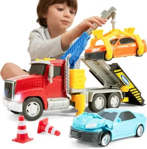 Kids Toys for 3 4 5 6 7 Years Old Boys, Tow Truck with 2 Transformation Cars and Multi-Functional Trailer, Crane Toy with Lights and Sounds, Toddlers Gifts