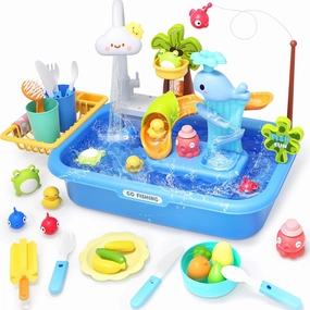 Kids Play Sink with Running Water,Toddler Sink Dishwasher Toy,Water Table Pretend Play for Toddlers Age1-3,Role Play Kitchen Playset,Birthday for Boys Girls 3-5 Years Old (Blue)