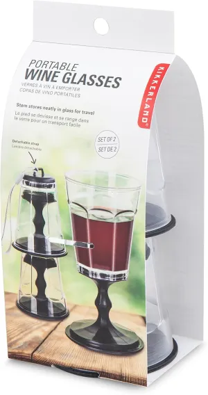 Kikkerland Portable Wine Glass, Stackable CompactTravel Glasses with Strap, Black, Set of 2