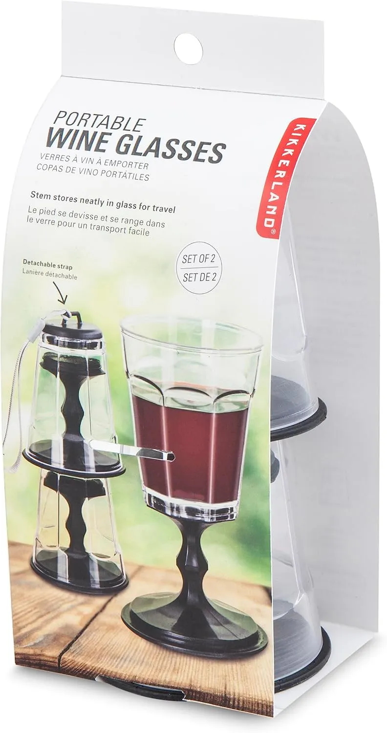 Kikkerland Portable Wine Glass, Stackable CompactTravel Glasses with Strap, Black, Set of 2