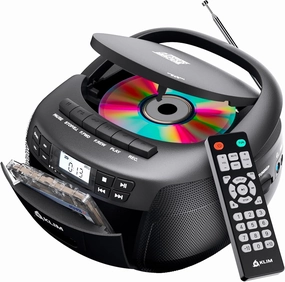 KLIM CD   Cassette Tape Player, Bluetooth CD Boombox, AM/FM Radio, Stereo Sound, Remote, CD and Cassette Player Combo, Tape Recording, USB Drive, AUX