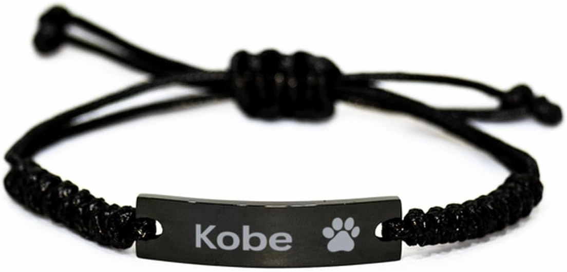 Kobe Paw Print Name Black Rope Bracelet - Loss of Pet Remembrance ID Plate Bracelet Dog Cat Pet Paw Pet Lover Memorial Gifts For Men Women, Engraved Adjustable