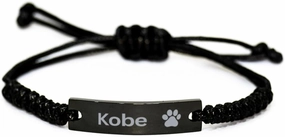 Kobe Paw Print Name Black Rope Bracelet - Loss of Pet Remembrance ID Plate Bracelet Dog Cat Pet Paw Pet Lover Memorial Gifts For Men Women, Engraved Adjustable