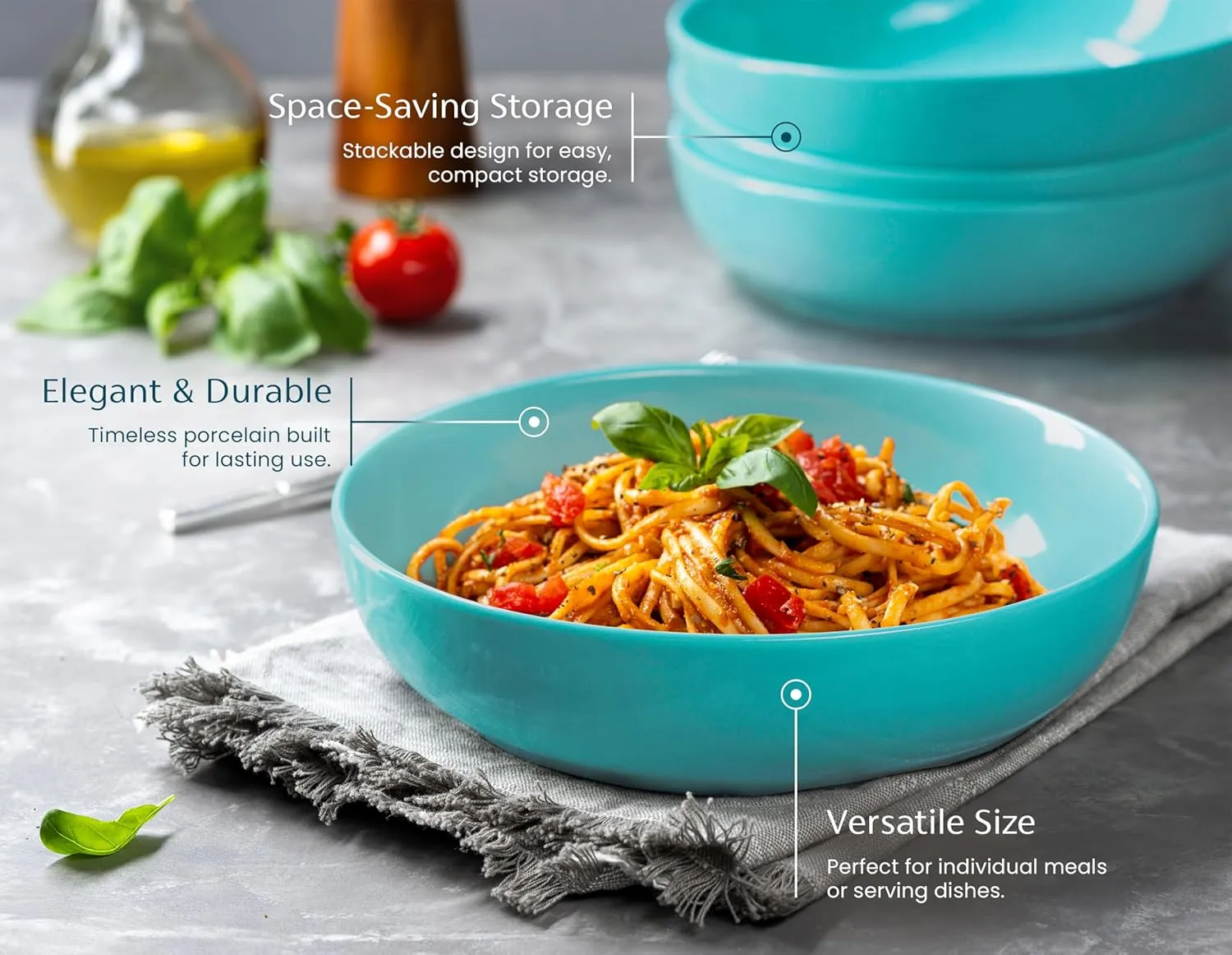 KooK Pasta Bowl, Salad Bowls, Soup, Serving Bowls, Ceramic, Large Capacity, Microwave & Dishwasher Safe, Set of 4, 40 Oz,(Light Turquoise)