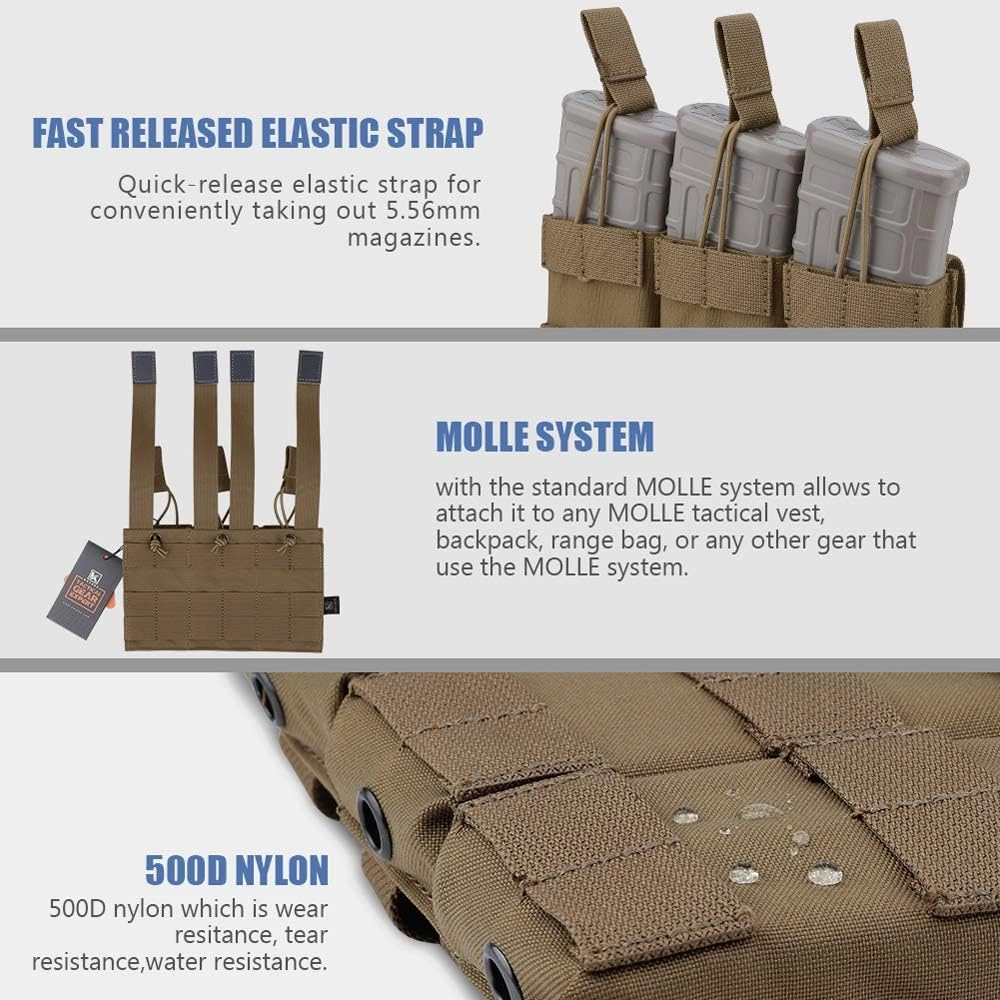 KRYDEX Tactical MOLLE Single/Double/Triple Open-Top 5.56mm Mag Pouch with MOLLE Strap for M4 M16 .223 Magazines