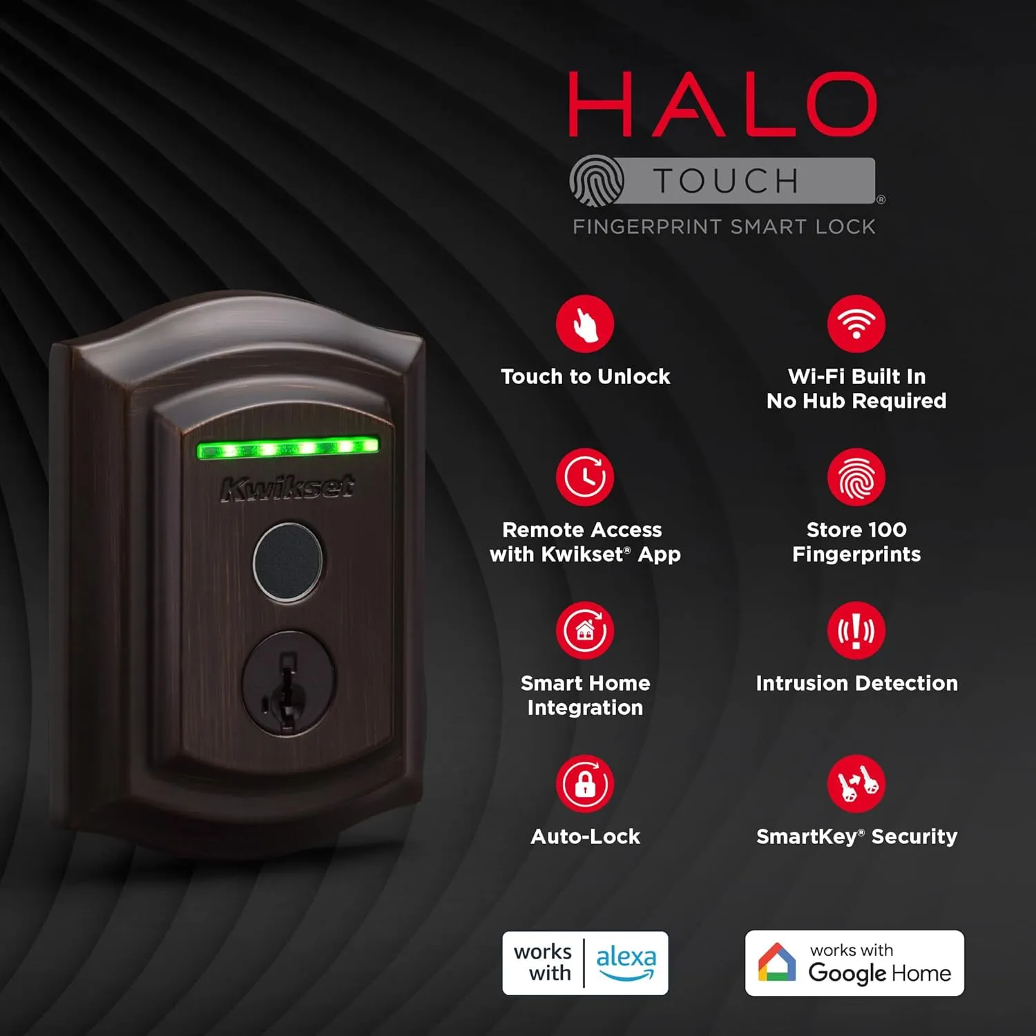 Kwikset Halo Touch Fingerprint Wi-Fi Smart Lock, Keyless Entry Door Low Profile Deadbolt, Geofence Auto-Unlock, Grade AAA Certified, No Hub Easy Install, Venetian Bronze Lifetime Finish Warranty, Arch