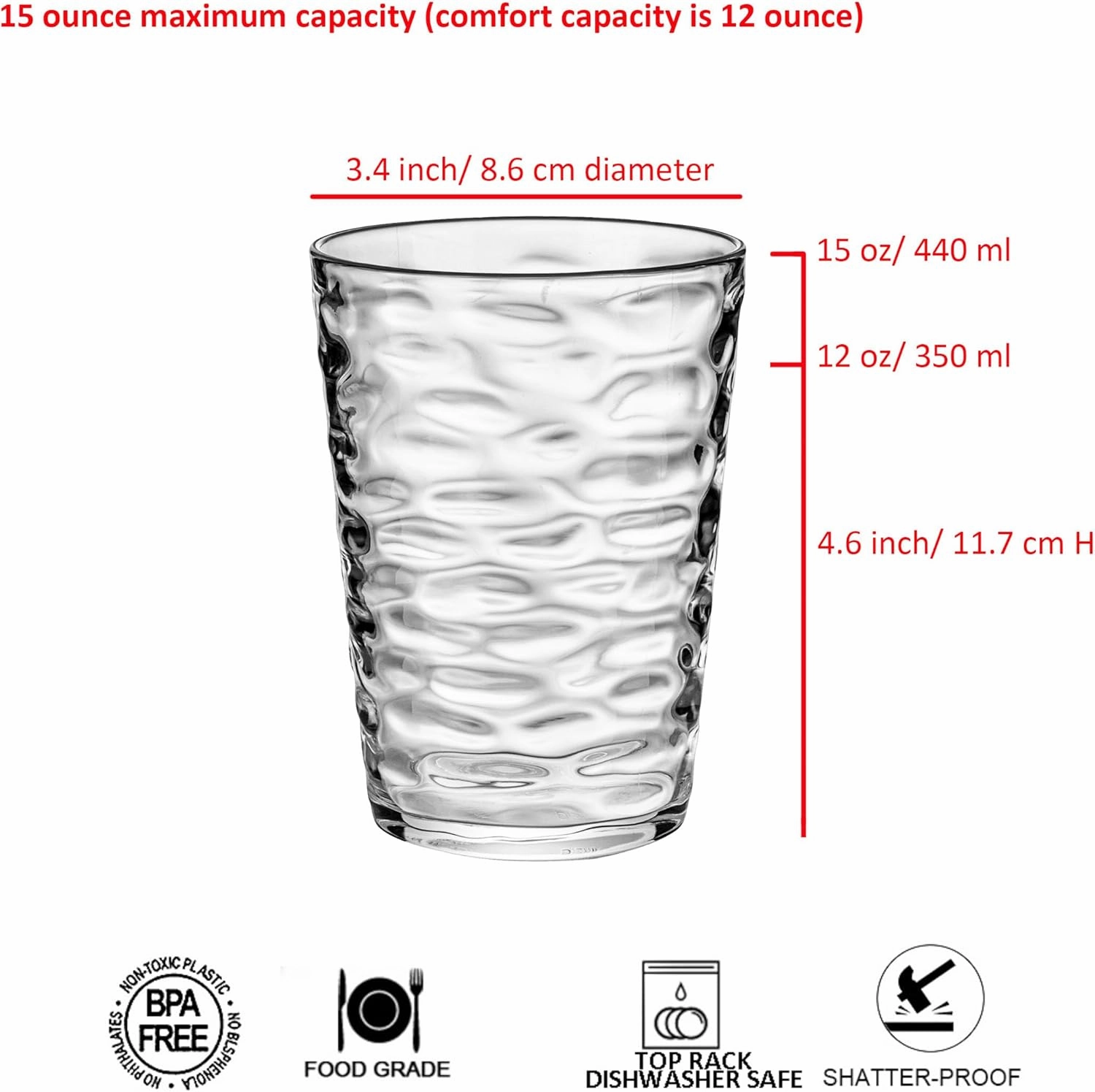 KX-WARE 15-Ounce Plastic Tumblers (Set of 8 Clear), Iceberg Drinking Glasses, Rocks, Reusable Plastic Cups, Stackable, BPA-Free, Shatter Resistant, Dishwasher Safe
