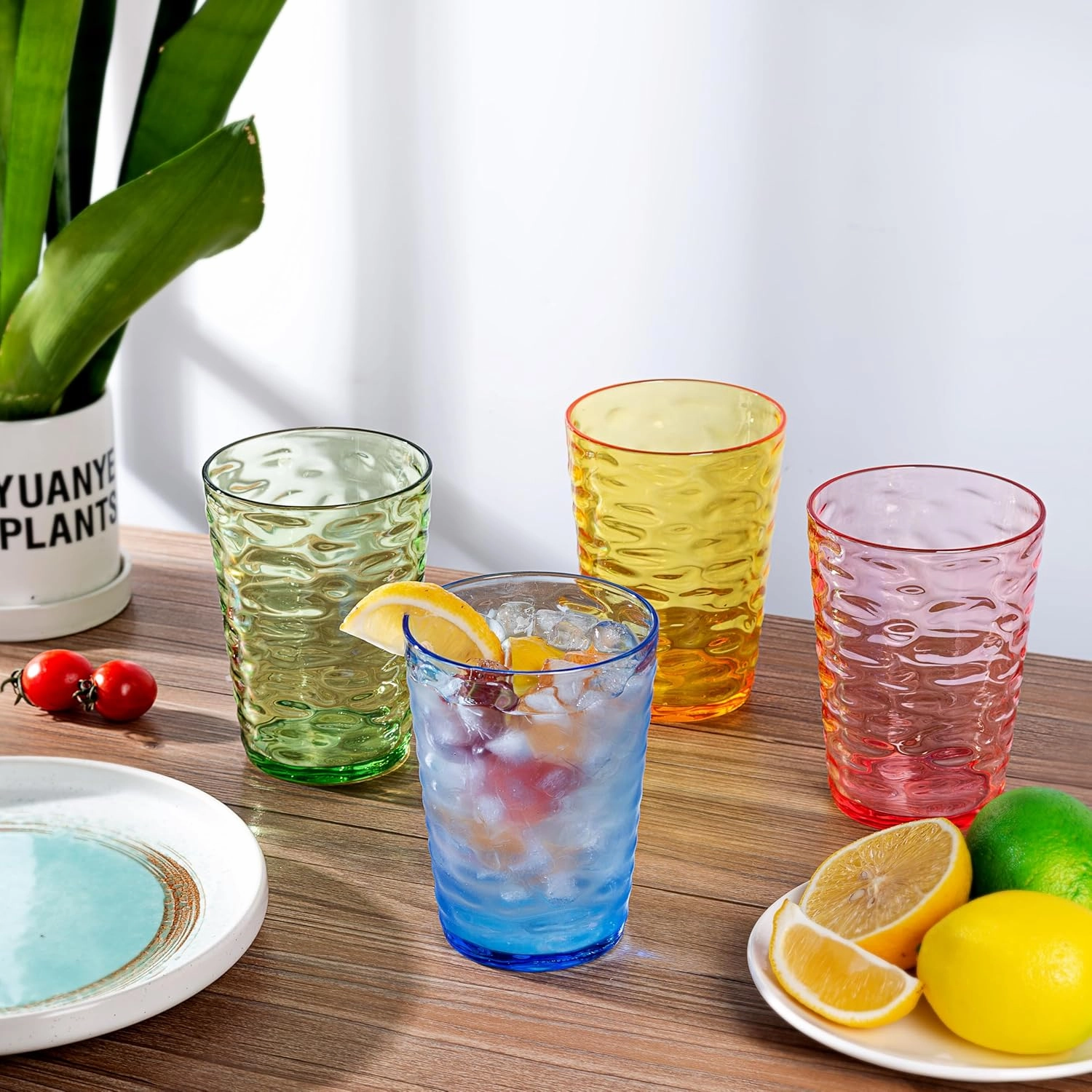 KX-WARE 15-Ounce Plastic Tumblers (Set of 8 Multicolor), Iceberg Drinking Glasses, Rocks, Reusable Plastic Cups, Stackable, BPA-Free, Shatter Resistant, Dishwasher Safe