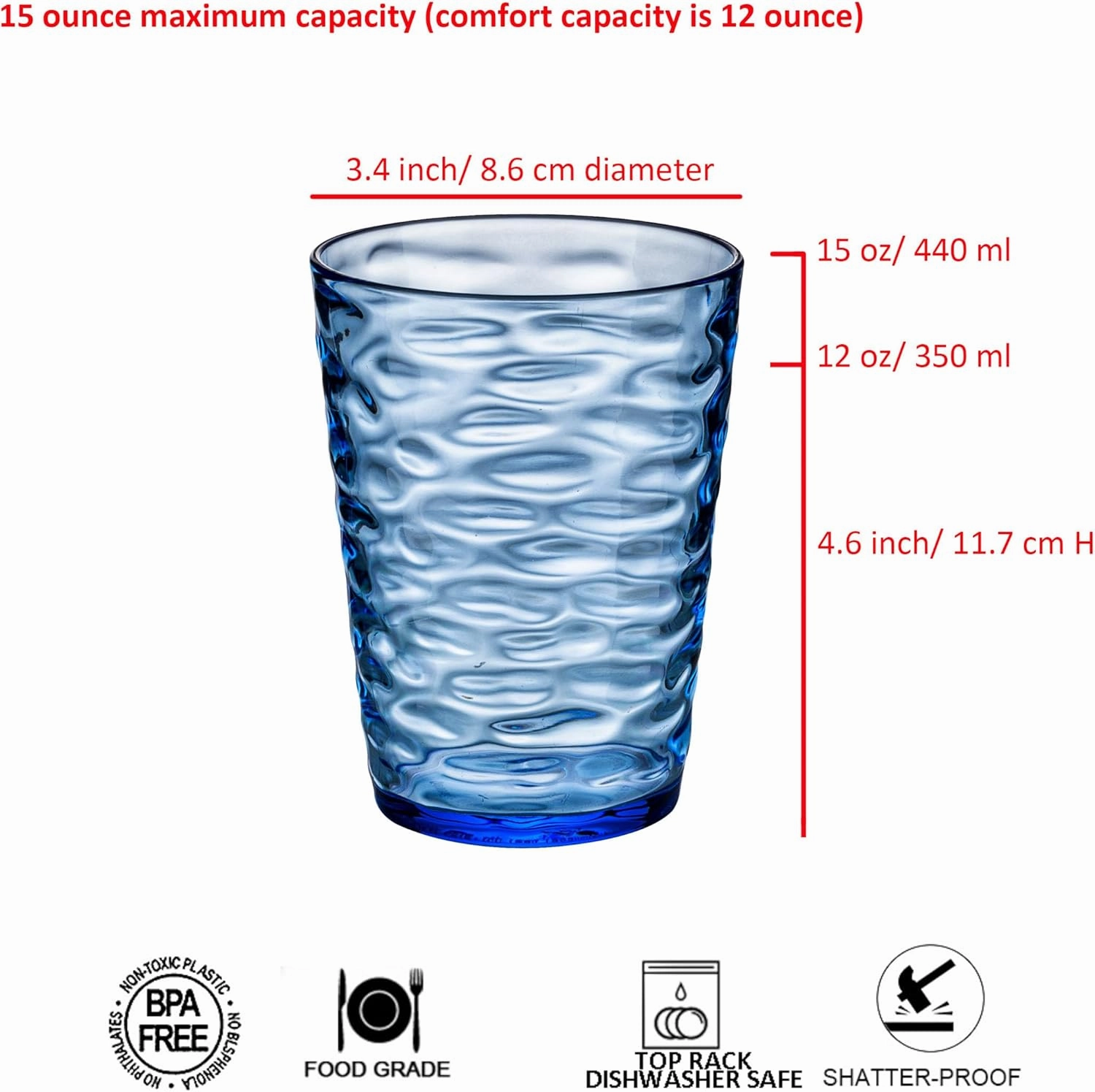KX-WARE 15-Ounce Plastic Tumblers (Set of 8 Multicolor), Iceberg Drinking Glasses, Rocks, Reusable Plastic Cups, Stackable, BPA-Free, Shatter Resistant, Dishwasher Safe